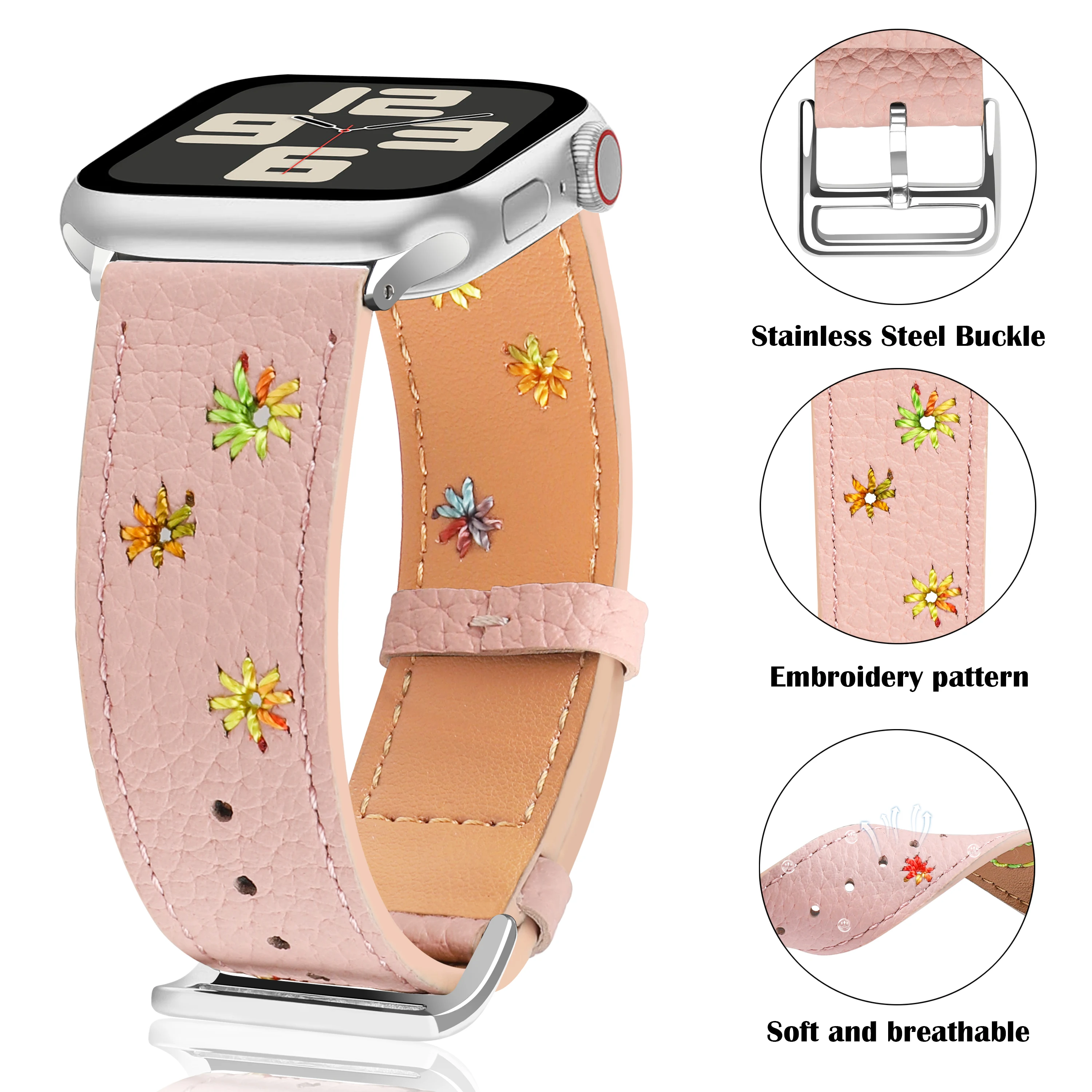 Strap For Apple Watch Band 44mm 42mm 41mm 40mm 45mm 49mm 44 mm Floral embroidery bracelet correa iwatch series 9 7 SE6 8 Ultra 2