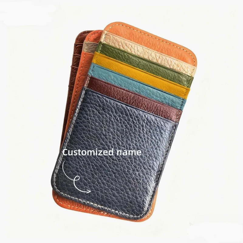 

Customized name Genuine Leather Wallet Slim Minimalist Credit Card Holder Multi-Color Striped Design and Flap Closure for Gifts