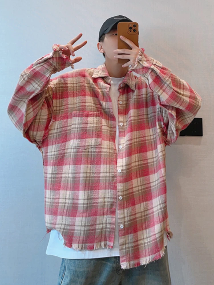 Plaid Shirts Men Autumn Chic Baggy Contrast Color Raw Edge Long Sleeve Japanese Style Handsome Youthful Popular Males Clothing