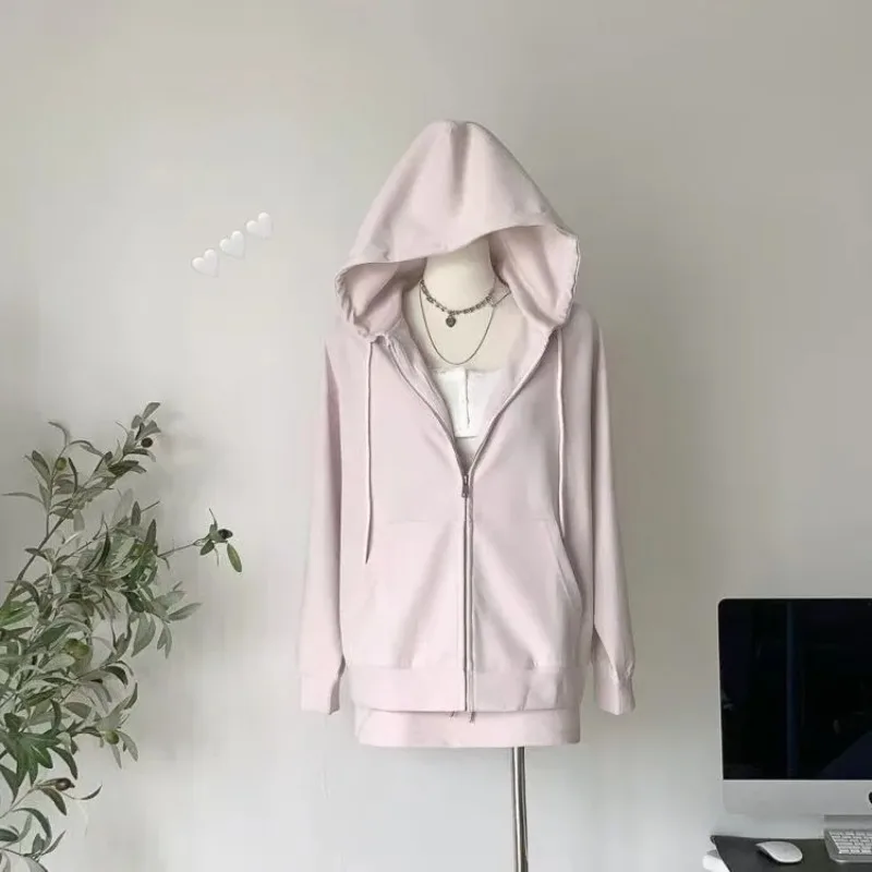 Autumn New Women's Loose Zip Up Hooded Sweatshirt and Short Skirt Two-piece Set Korean Fashion Casual Hooded Cardigan Coats Y2k