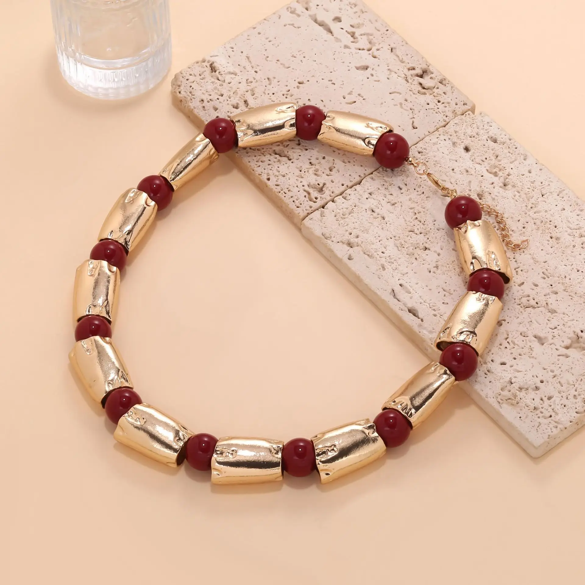 

ZAA Personality Metal Chains Red Beads Choker Necklaces for Women Fashion Holiday Party Jewelry Gifts