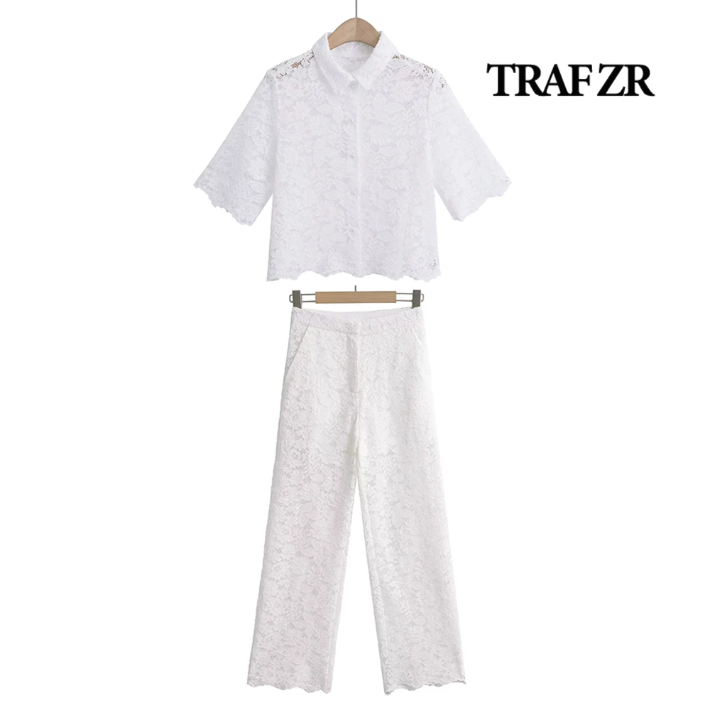 TRAF ZR New Two Piece Set for Women Elegant Lace Scallop Trim Pants Set  Classic Chic Women Blouse Ankle-length Pants