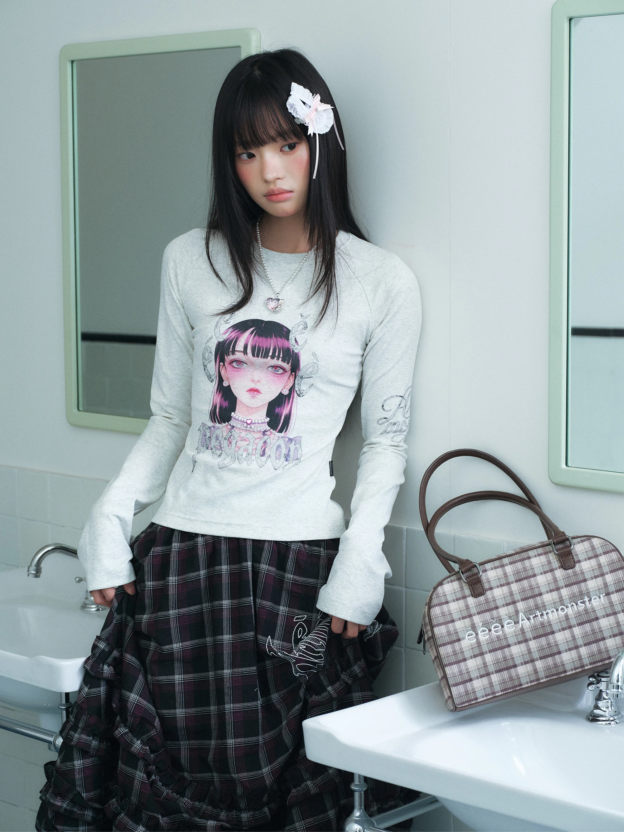 Queen Jewelry Eeee X PEGACON Long Sleeve Slim Fit T-Shirt with Heat-Pressed Rhinestones Korean Manga Style Breathable Cotton