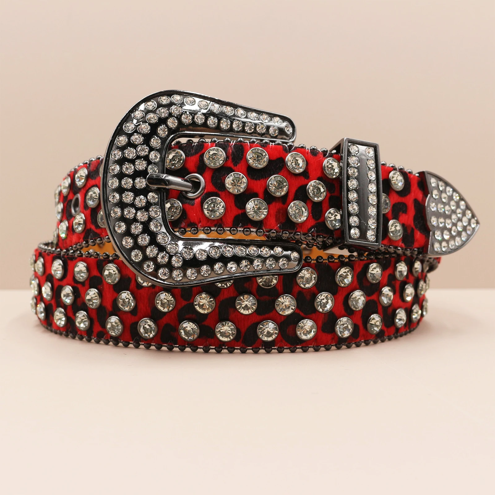أحزمة فاسق الغربية مرصعة بأحجار الراين حزام بنج مرصع بالجلد Cinturones Para Mujer Y2K كاوبوي فريد بطباعة الفهد للرجال والنساء