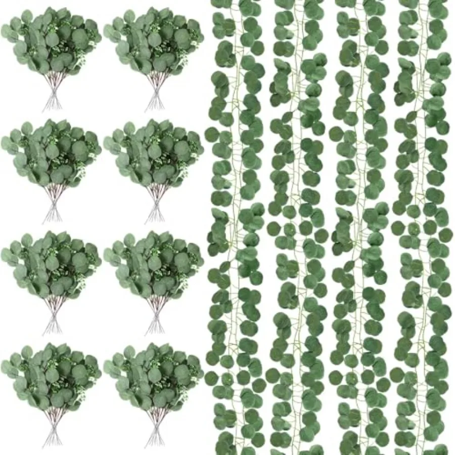 

36 искусственных стеблей эвкалипта и 12 искусственных гирлянд из эвкалипта, подвесные декоративные вьющиеся растения, зеленые гирлянды для стола, венки для украшения.