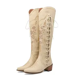 Ethnic Bohemian Flower Embroidery Over-the-knee Women Shoes Western Cowboy Chunky High Heels Side Lace-up Overknees Long Boots