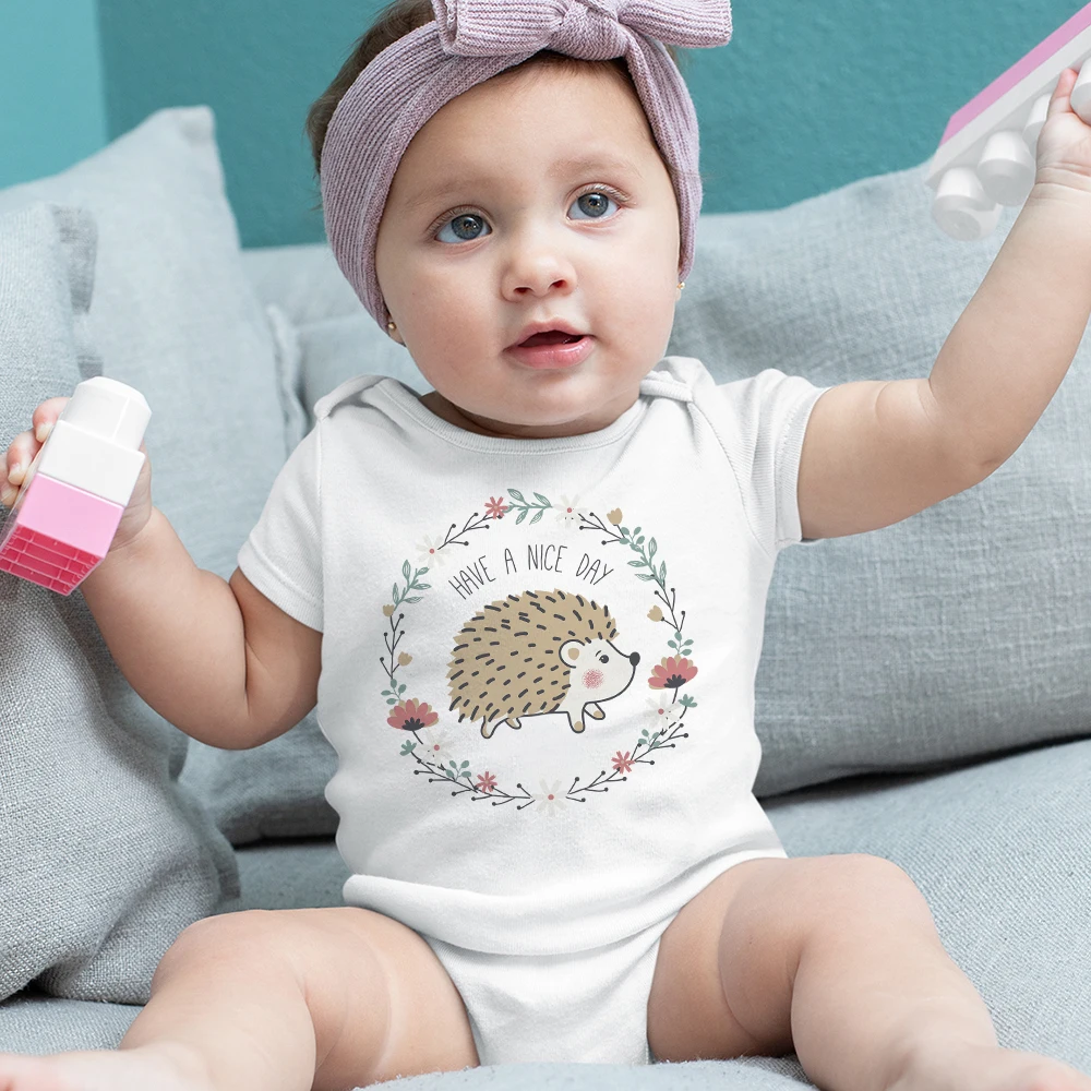 Cute Hedgehog Baby Girl Clothes Flowers Aesthetic Newborn Onesies Have a Nice Day Infant Bodysuit Short Sleevs Summer Jumpsuits