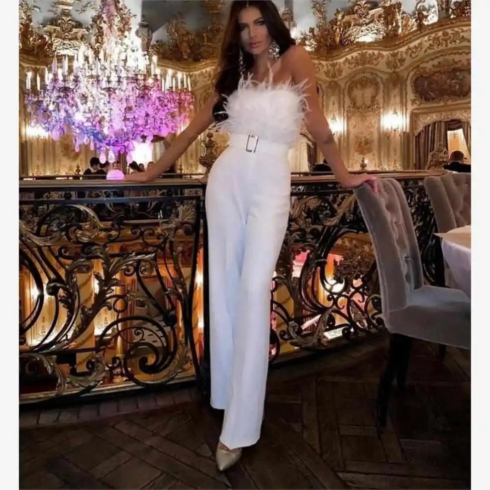 

Sexy Feather Jumpsuit oulder Bared Waist Cinched Wide Leg Par Suit High Waist Diamond Embellied Thi Polyester