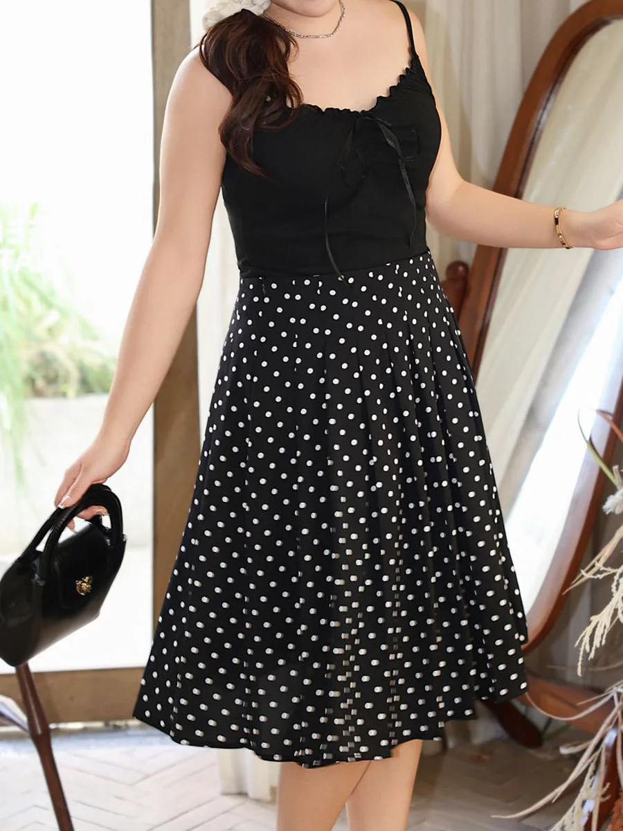 Dames Polka Dot Geplooide A-Lijn Chiffon Rok, Hoge Taille, Temperament, Frans, Plus Size, Zomer, 2024, Goede Kwaliteit