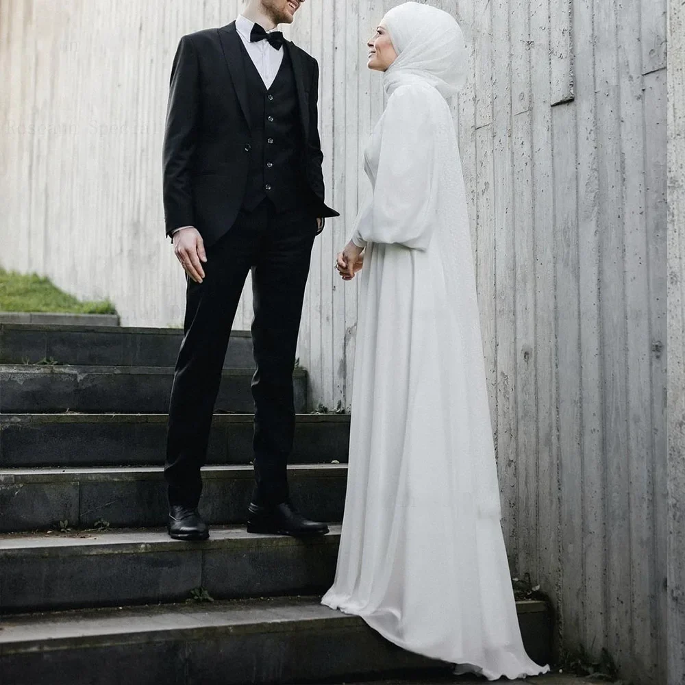 YCJ Gaun Pengantin A-line Kerah Tinggi Muslim Gaun Pengantin Kustom Wiru Terbungkus Satin Vertikal Penuh Jubah Sikat De Mariee