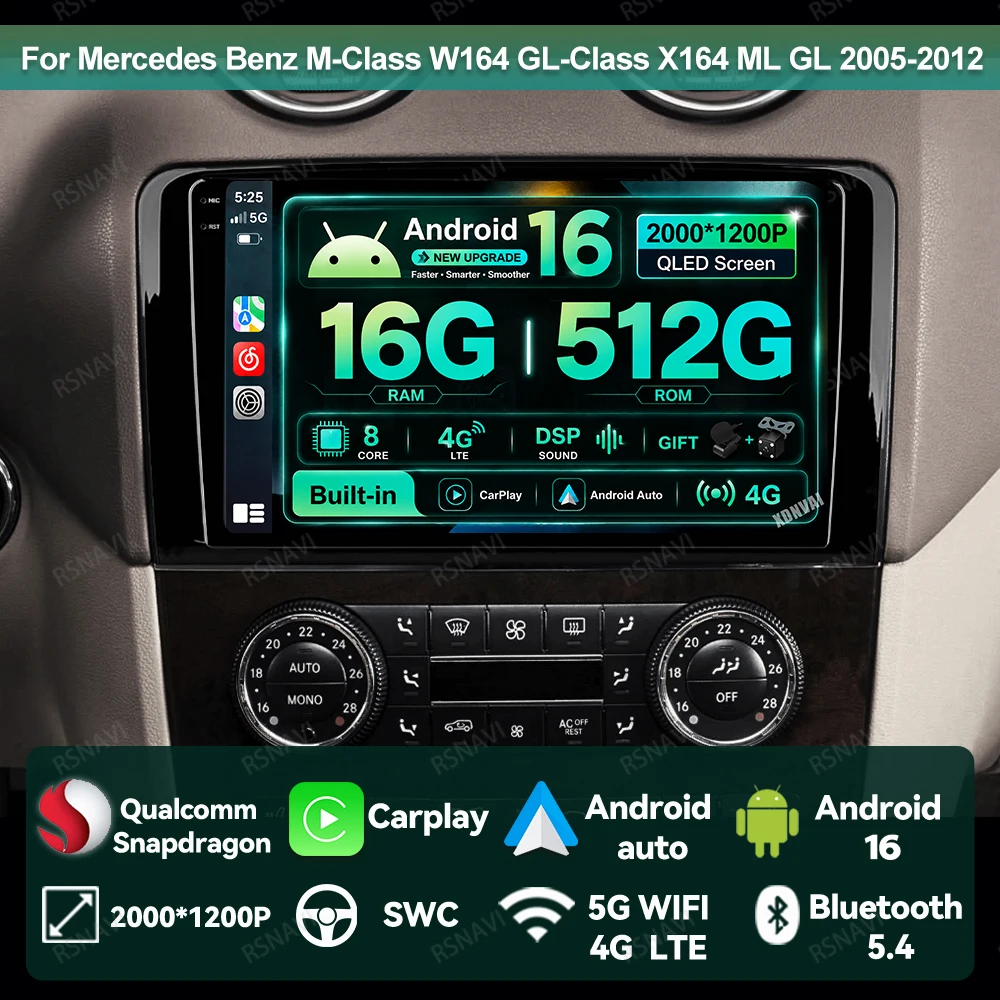 Car Radio Android 16 For Mercedes Benz M-Class W164 GL-Class X164 ML GL 2005-2012 Navigation Multimedia DVD QLED 4G LTE GPS DSP