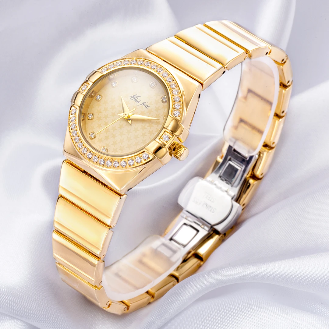 Luxury Gold Watch For Women Brand MISSFOX Iced DIamond Quartz Ladies Wristwatch Fashion Waterproof AAA Jewelry Clocks Gift Hot