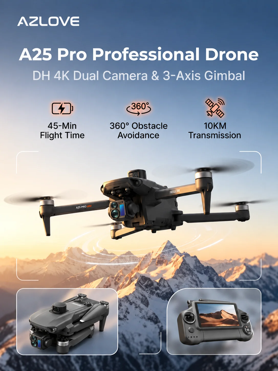 A25 Pro HD 4K Dual Camera 5G Wifi Large Screen RC Drone Obstacle Avoidance,brushless Foldable Professional Security quadcopter