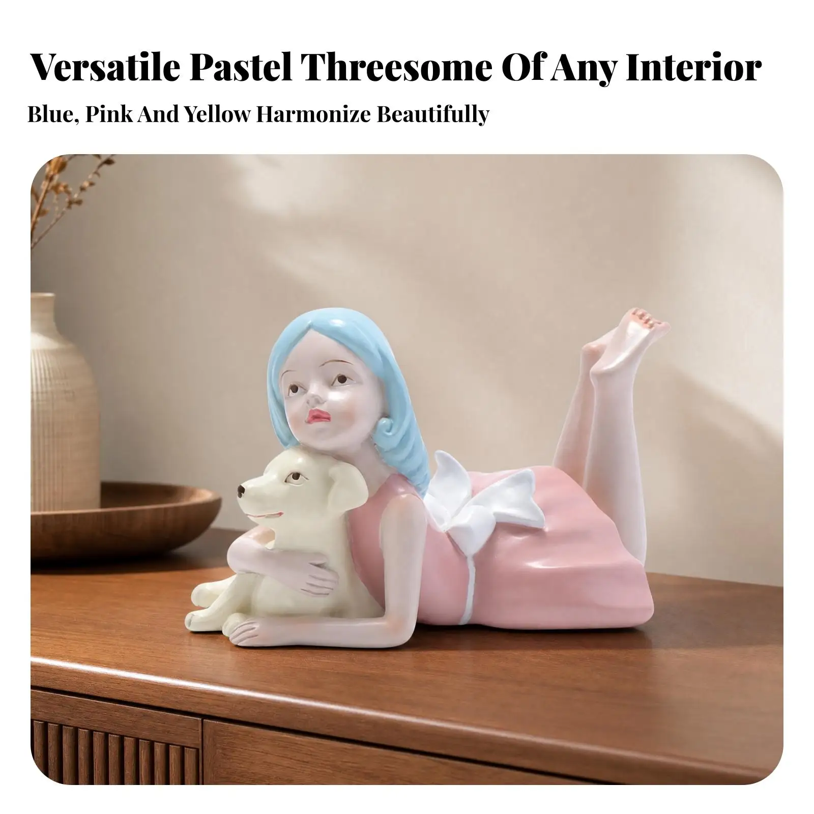 Hand Painted Resin Figurine Prone Girl Holding Dog for Living Room Shelf Tabletop Art