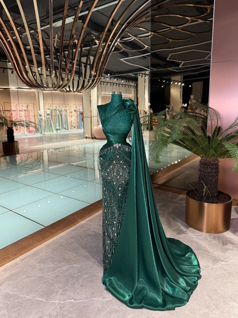 

Statement Emerald One Shoulder Evening Dress With Long Train Sparkly Rhinestone Beads Opulent Prom Gown For Formal Events