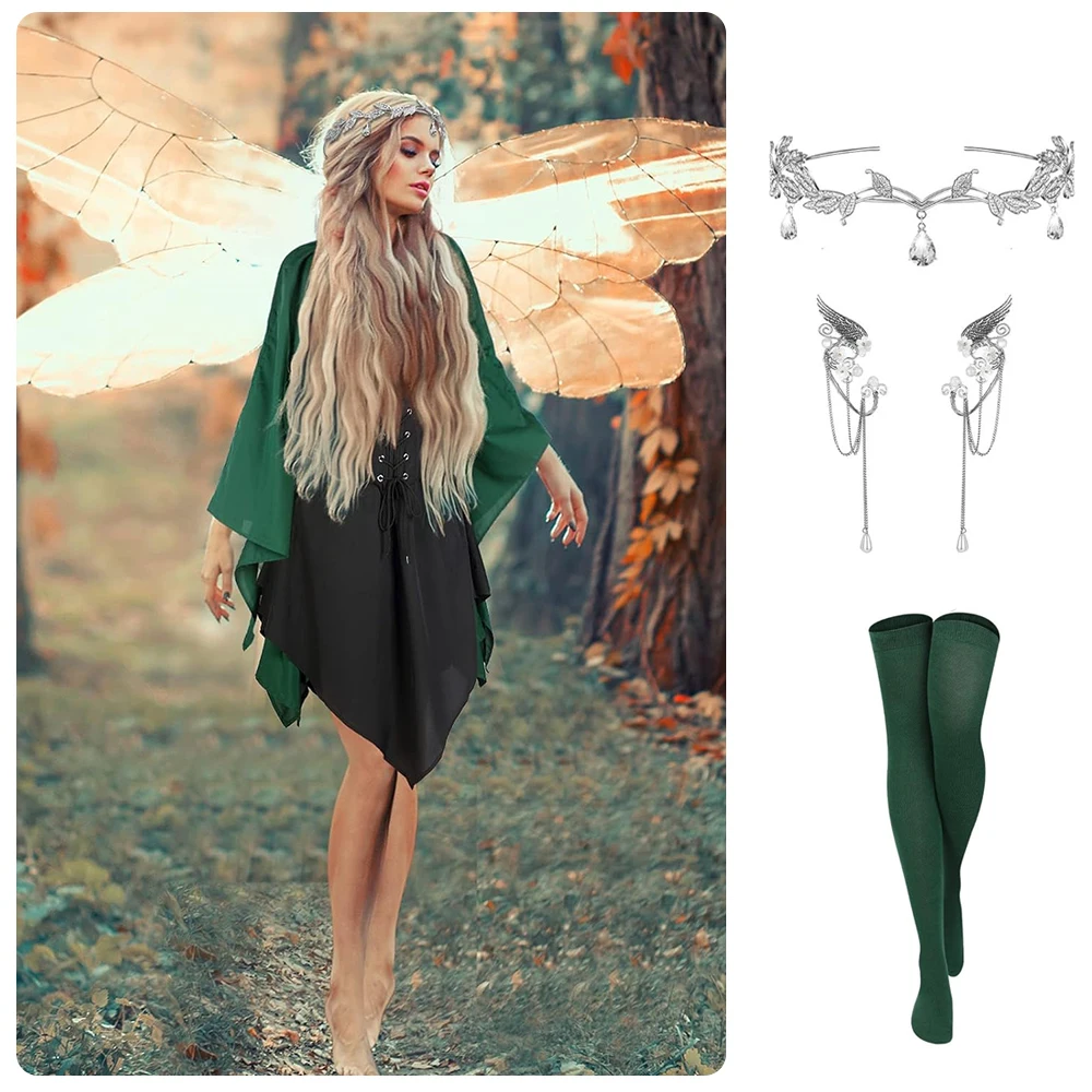 Cosplay Elf Medieval Role Play Costume Renaissance Traditional Irish Viking Dress Fairy Ears Set for Stagement Performance Party