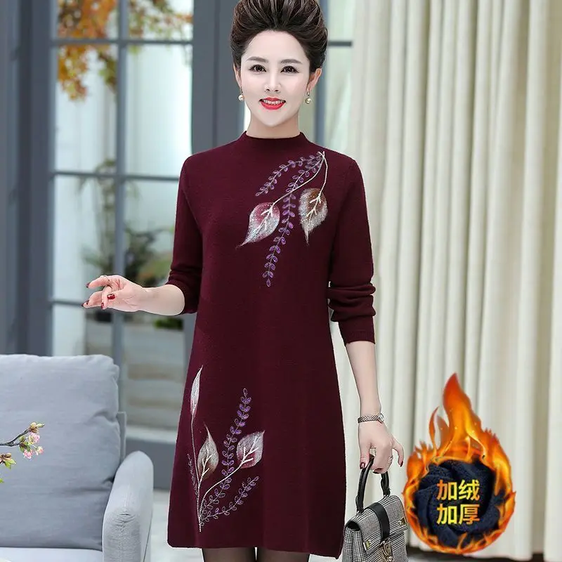 Wine Red Winter Printed Women\'s Thick Half High Neck Long Sleeved Knitted Top Autumn Temperament Commuting Loose Fitting Dress