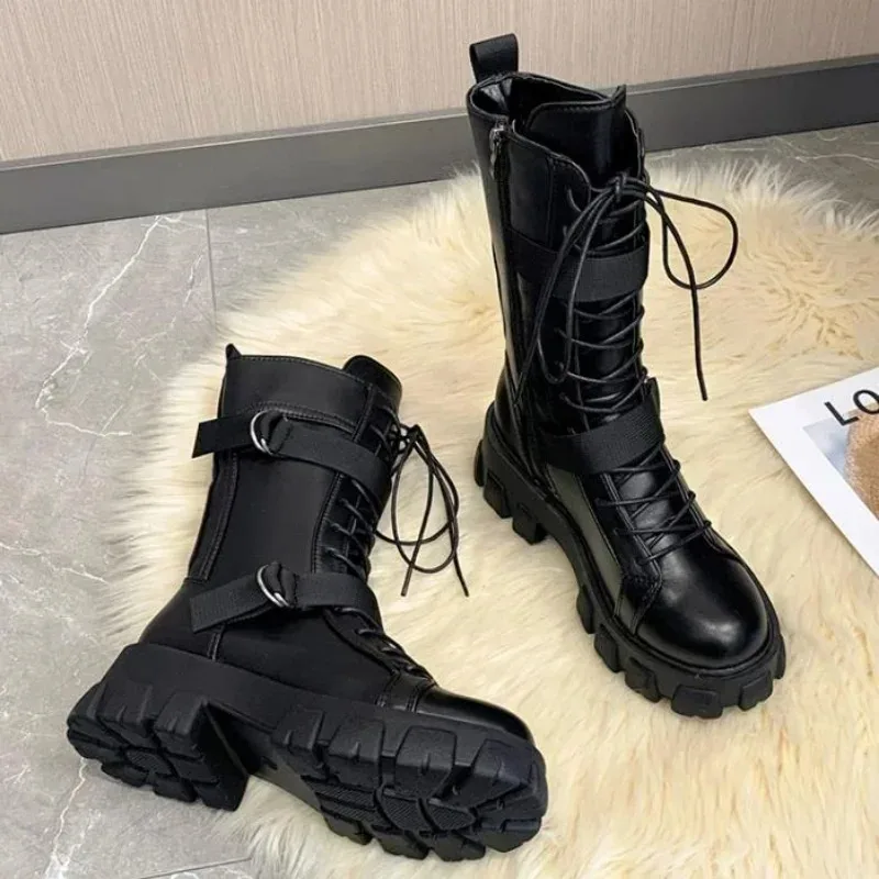 Women's Mid-Calf Boots High Quality Casual Leather Boots Fashion Motorcycle Booties Designer Belt Buckle Knight Boots for Women - Detail 1