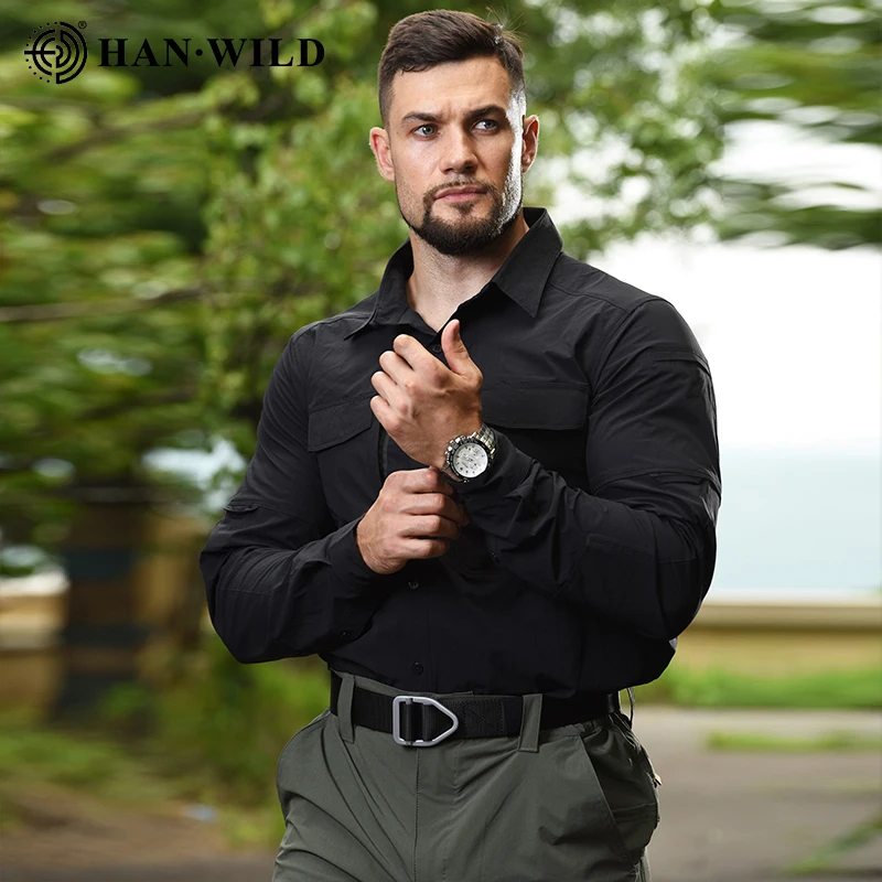 HAN WILD Summer Tactical Shirts Men\'s Breathable Long Sleeve Multi-Pockets Work Combat Cargo Shirts Quick Dry Camping Clothes