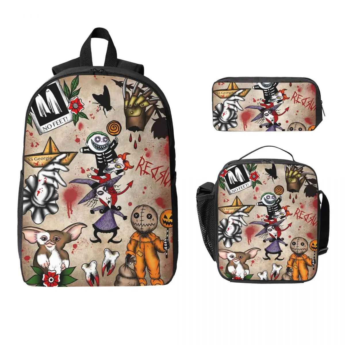 

American Traditional Flash Pattern Tattoo Backpack Student Boys Girls BookBag School Bag 3ps Insulated Lunch Bag Pencil Case