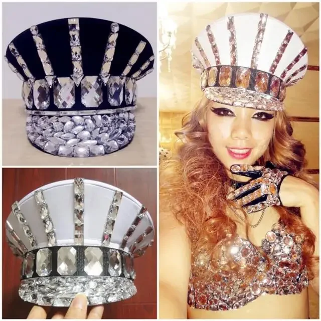 Nightclub Bar Male and Female Singers Shiny Baby Big Cap Shiny Diamond Rhinestone Black White Performance Cap