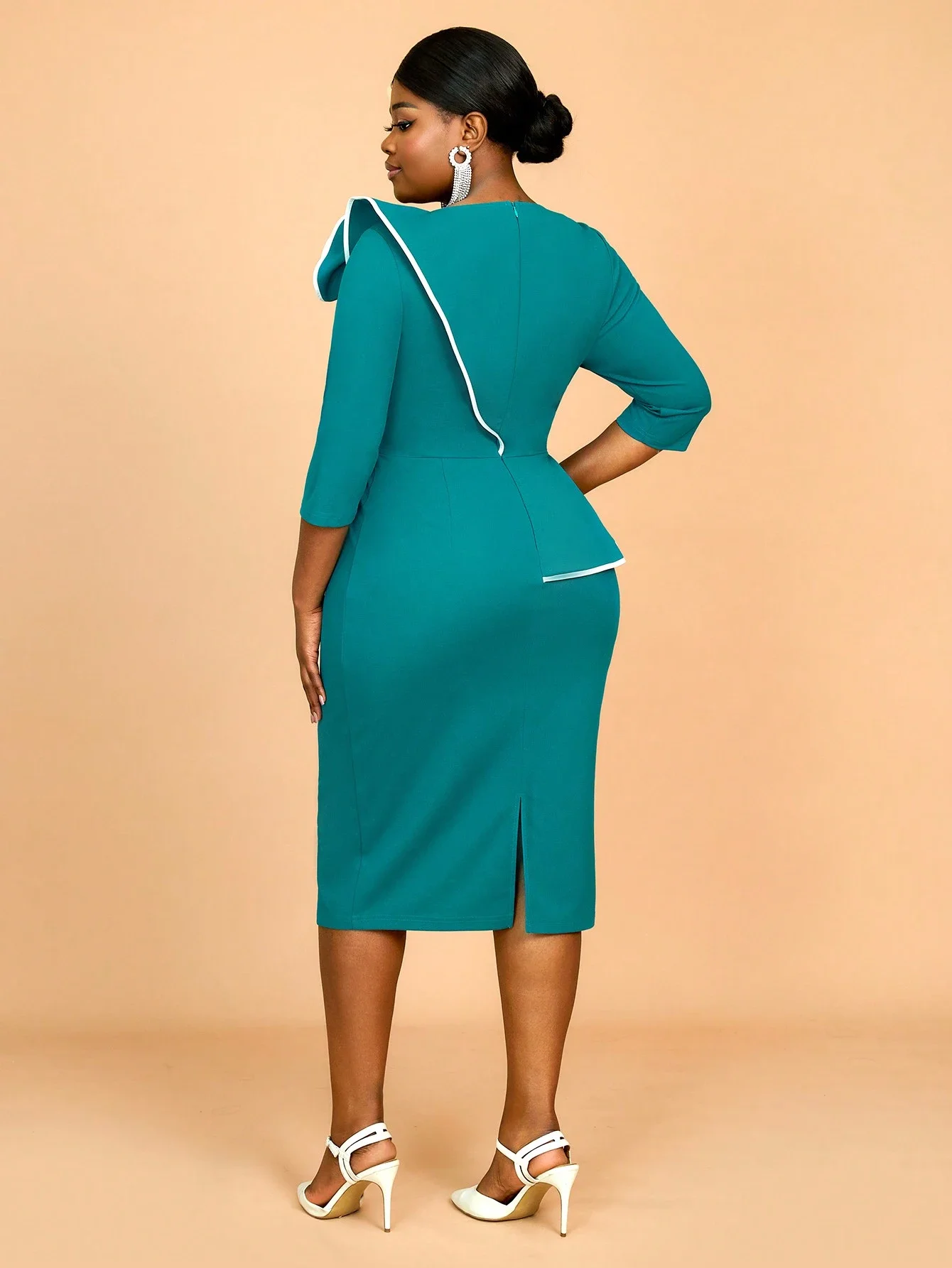 Elegant Plus Size Midi Dress With 3/4 Sleeves 3D Flower Ruffle Peplum For Women Party Wedding Guest