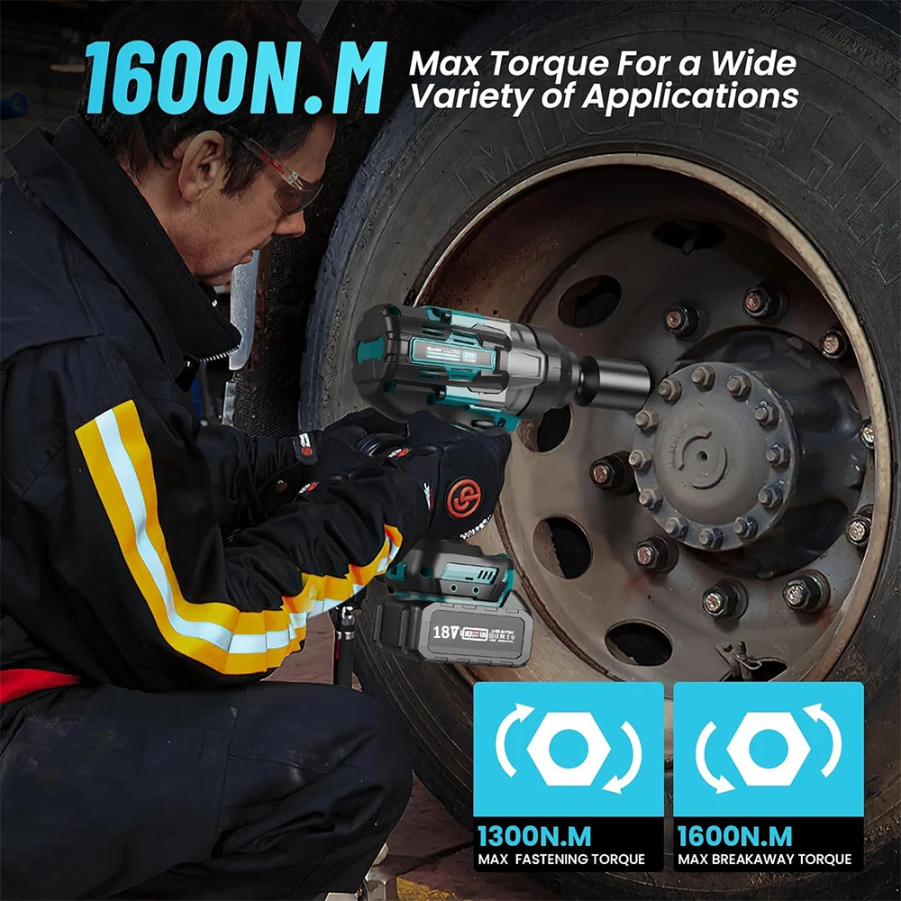 Seesii 1600NM Ударный гайковерт с высоким крутящим моментом 3/4 "Бесщеточный аккумуляторный ударный пистолет Электрический гаечный ключ с адаптером 1/2 дюйма для батареи Makita 18 В