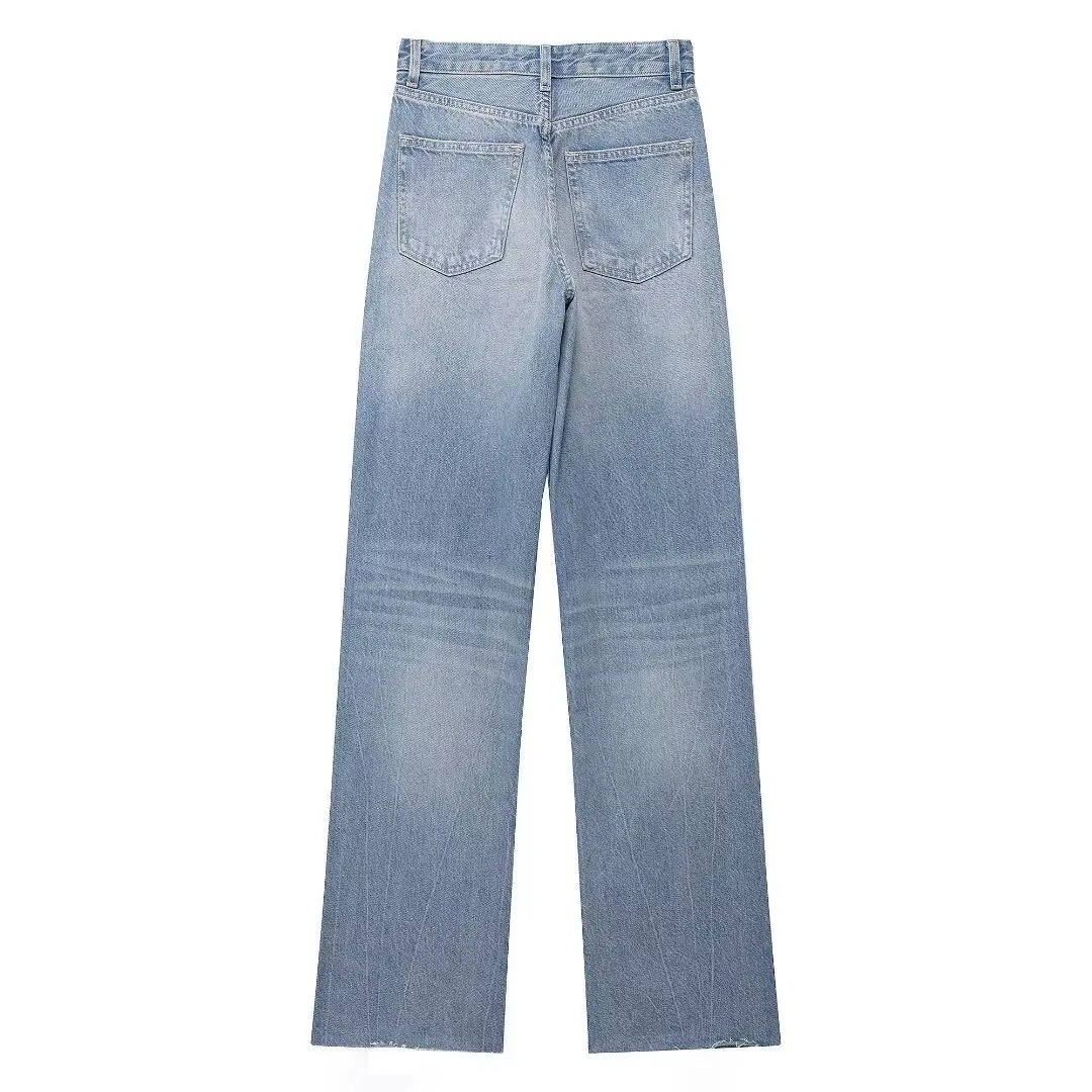 Jeans retrô de cintura alta feminino com zíper, tecido jeans, calças de perna larga, brincalhão, casual, novo, moda, 2024