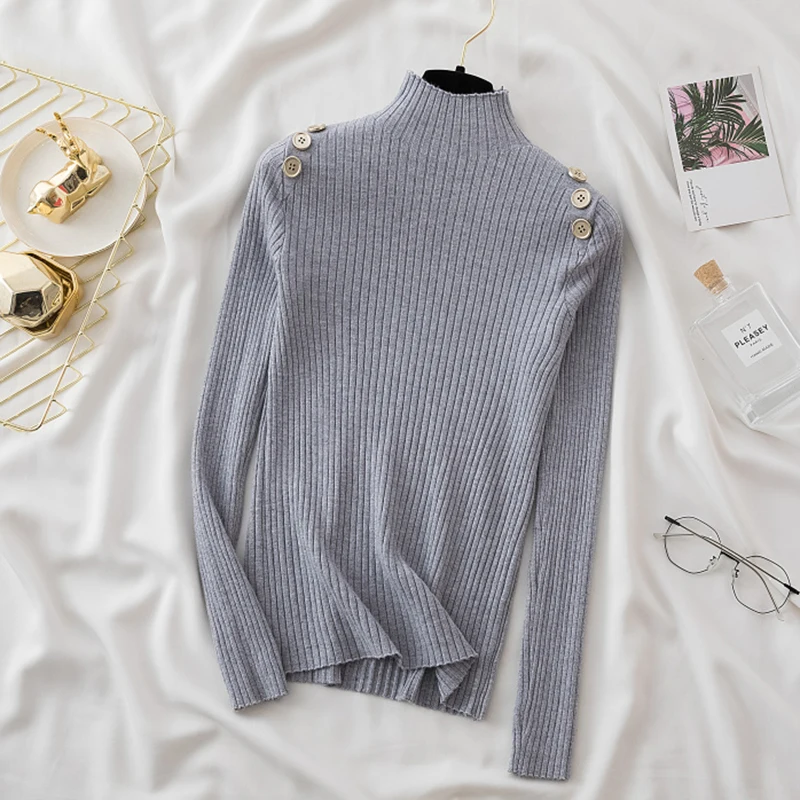 Turtleneck Sweater Mujer 2023 Autumn Winter Womens Clothes Button Pullover Sweaters Women Long Sleeve Slim Knitted Tops Female