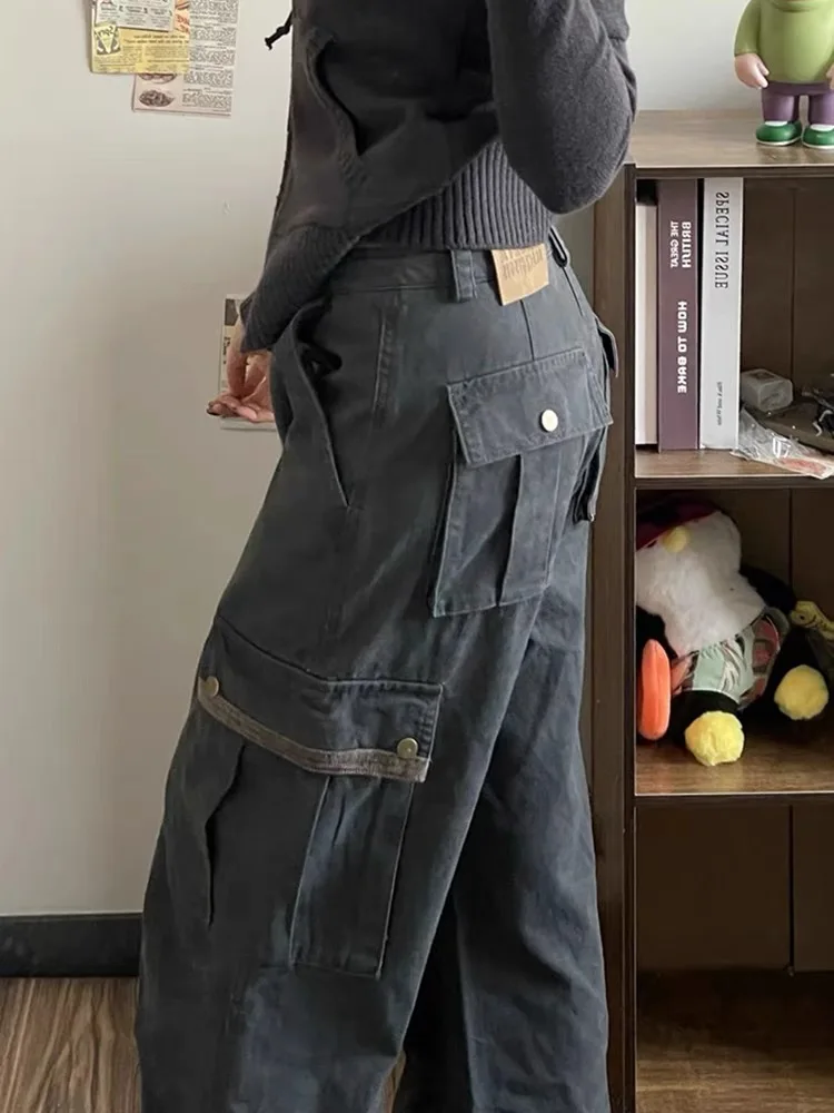 

American High Street Wide Leg High Waist Straight Cut Jeans Women's Multiple kets Casual Loose Slimming Floor-Length Pants