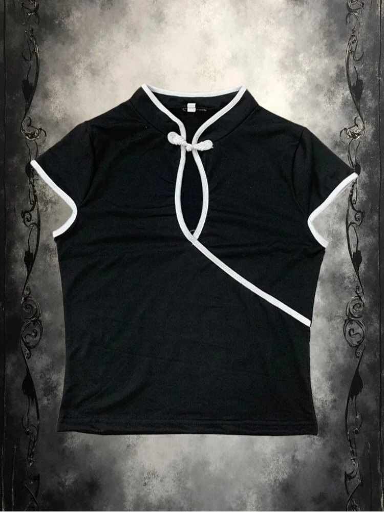 Y2K Temperament Solid Fashionable Slim Button Collar Short Sleeved Tops New Chinese Retro Aesthetics Versatile Classics T-shirts