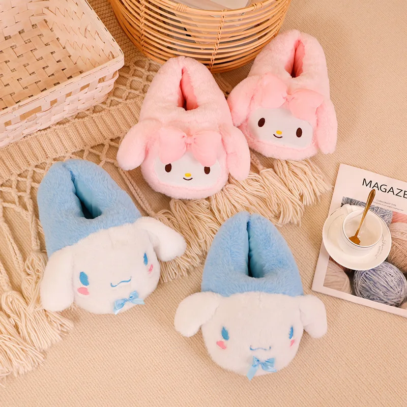 Pantoufles en peluche de dessin animé pour femmes, Sanrioed, Kuromi, Hello Kitty, Y2K, Melody Cinnamoroll, Anime, Kawaii, Winter Home, Cotton Shoes, Soft Girl