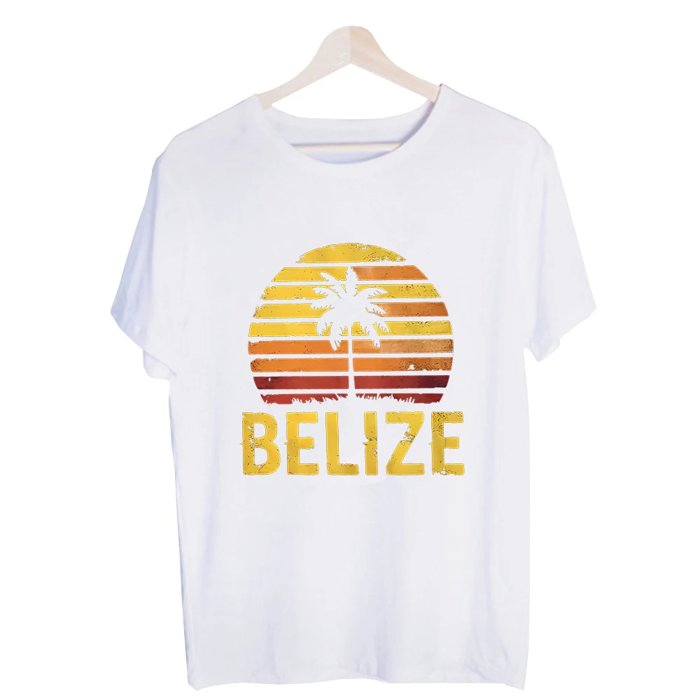 Men's Belize Sunset Palm Tree Graphic Tee, Vintage Style Short Sleeve T-Shirt for Summer Vacation and Casual Wear