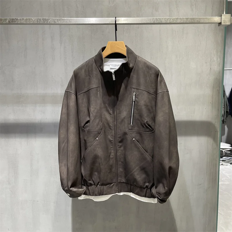 

Retro Tie Dye Vintage PU Leather Jaet Men's American High Faion Motorcycle Jaet adient Color Stand Collar Coat