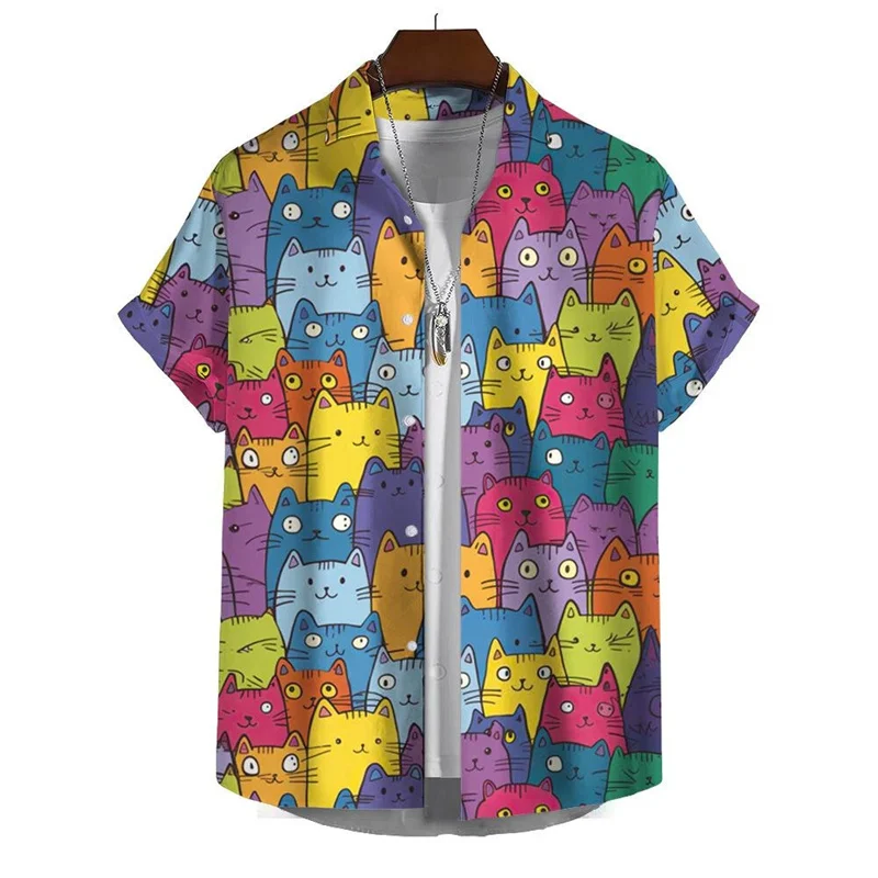 3D Printed Cute Cat Hawaiian Shirt For Men Colorful Splicing Pattern Blouse Summer Oversized Lapel Short Sleeves Aloha Shirts