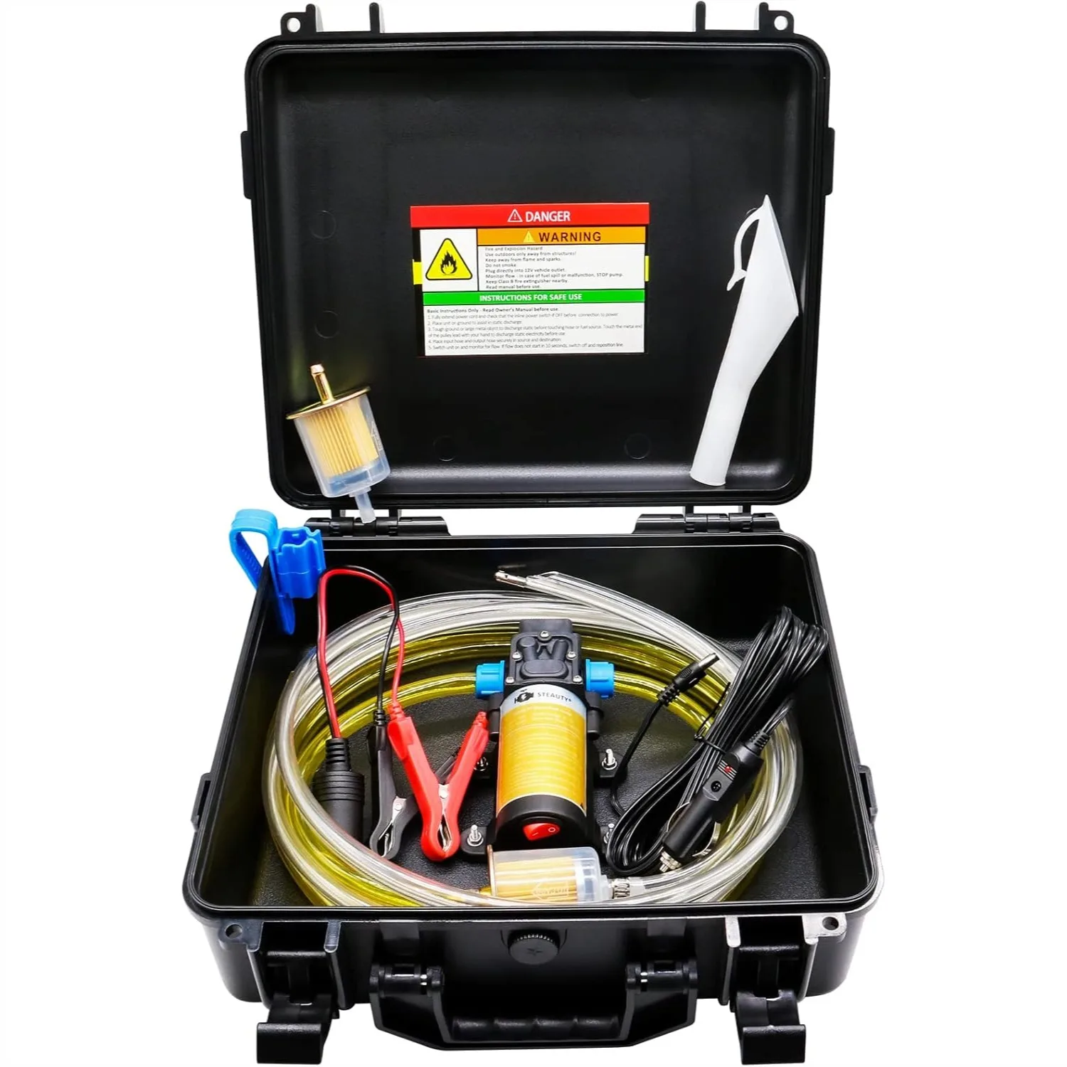 

12V Fuel Transfer Pump Set, 85 GPH with Carrying Case & Pulley Lead Pipe for Vehicles, Boats, Equipment