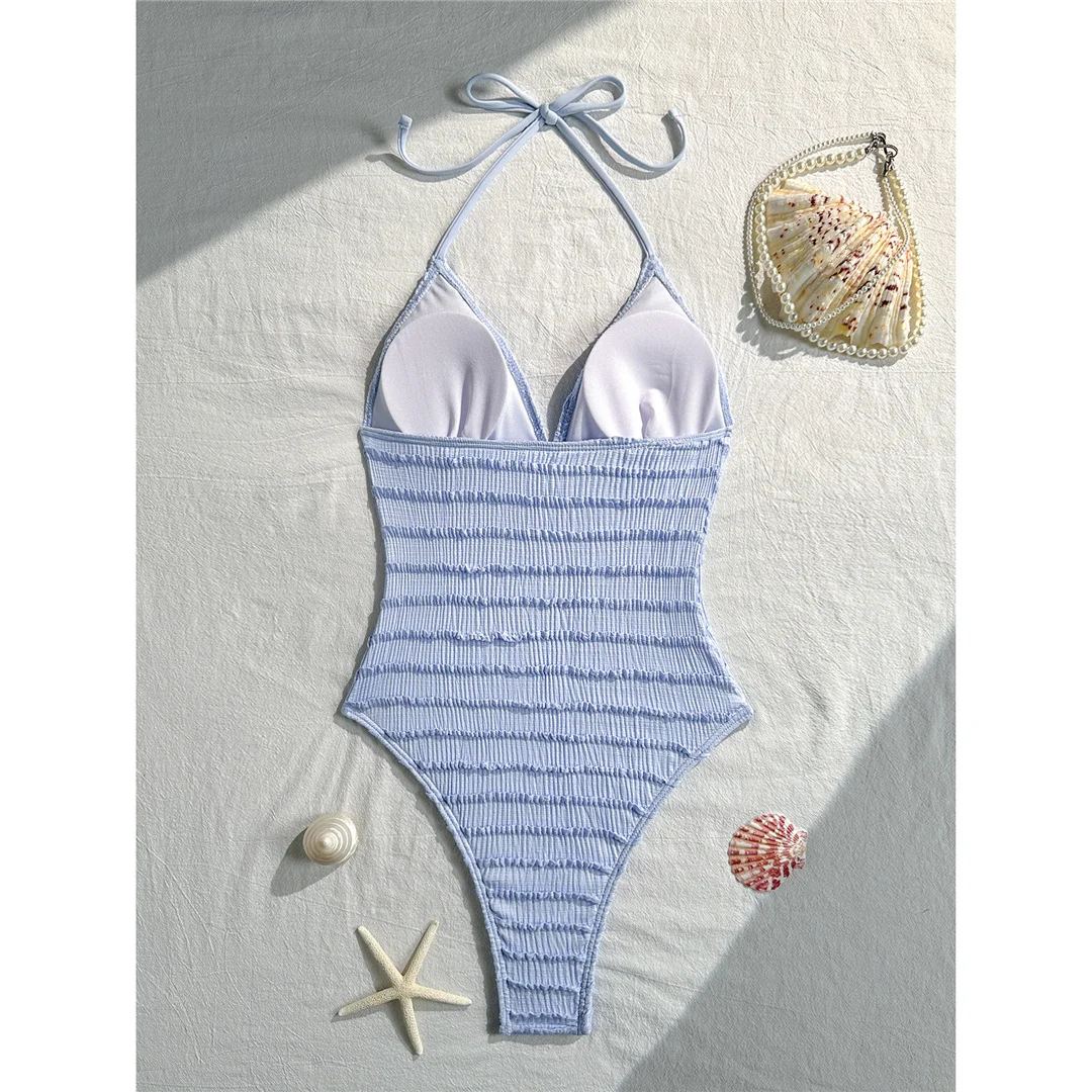 Neuer einteiliger Badeanzug mit V-Ausschnitt und Neckholder, bedruckt mit Seesternmotiv, Damen-Badebekleidung, Damen-Badeanzug mit gerafftem, hoch geschnittenem Beinausschnitt, Badeanzug, Modell V8431. – Detail 18