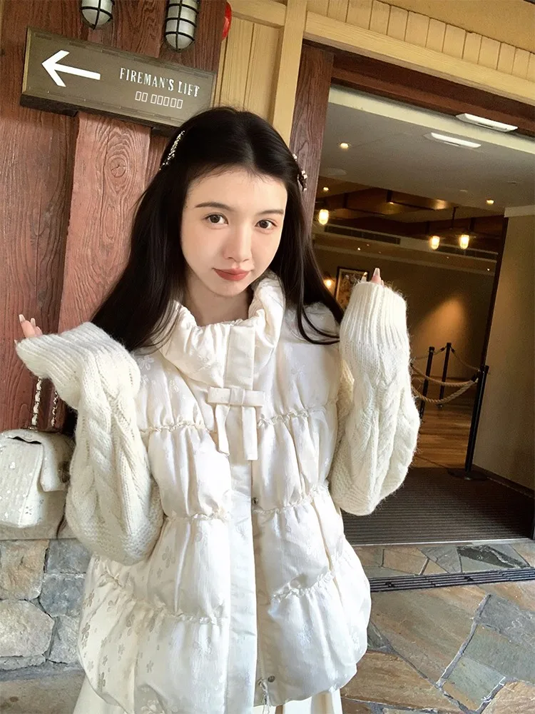 

Warmth Du down Vest Women's Faion College Sle Small Embroidery Winter Outerwear Coat White Du Feather Vest