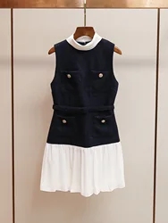 High Quality Women Short Tweed Chiffon Dress White Collar Sleeveless Summer Autumn Party Evening Dresses Mini Vestidos