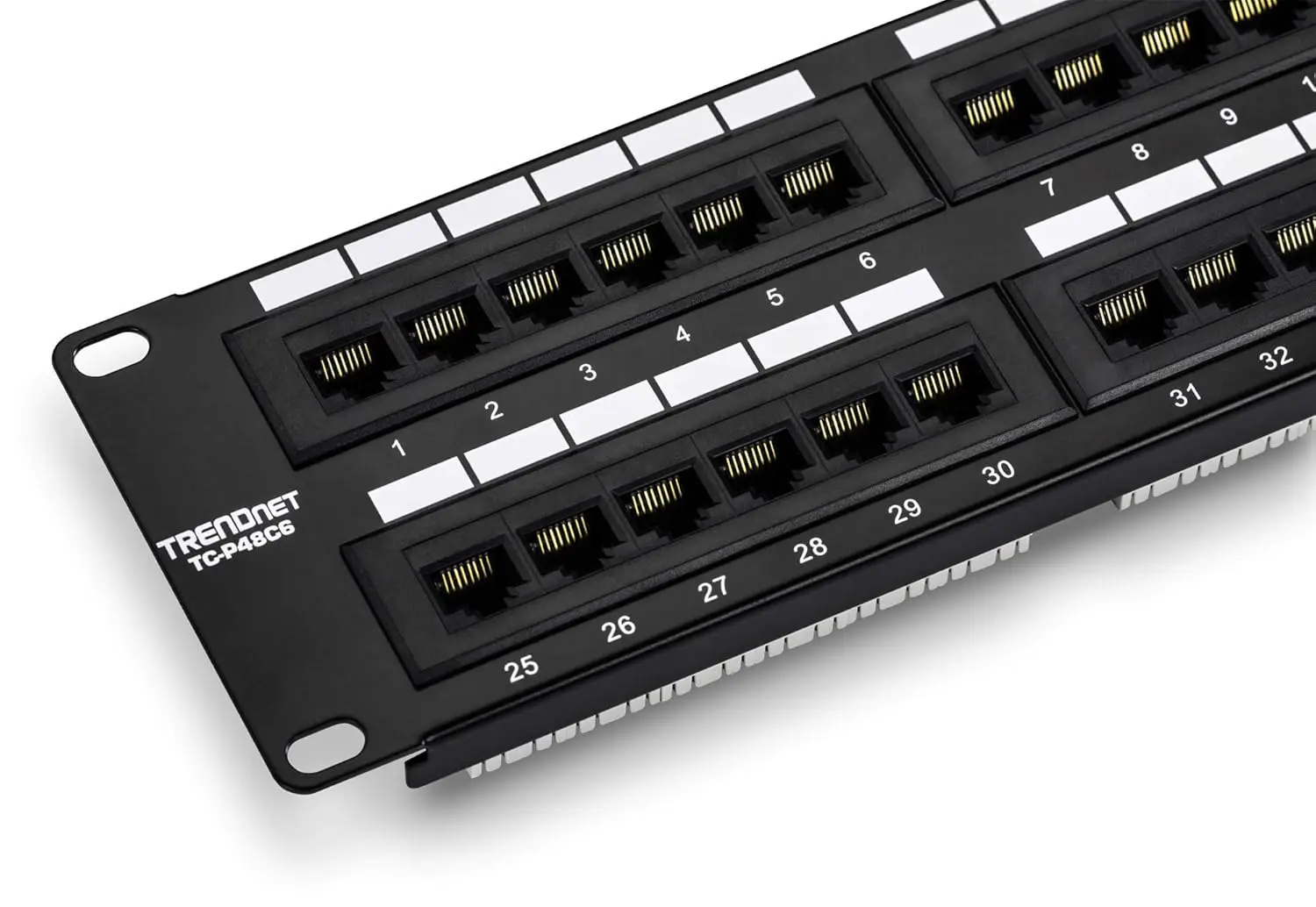 

48-Port Cat6 Unshielded Patch Panel, Wallmount or Rackmount, Compatible with Cat3/4/5/5e/6, Ethernet, Fast Ethernet, Gigabit, Black