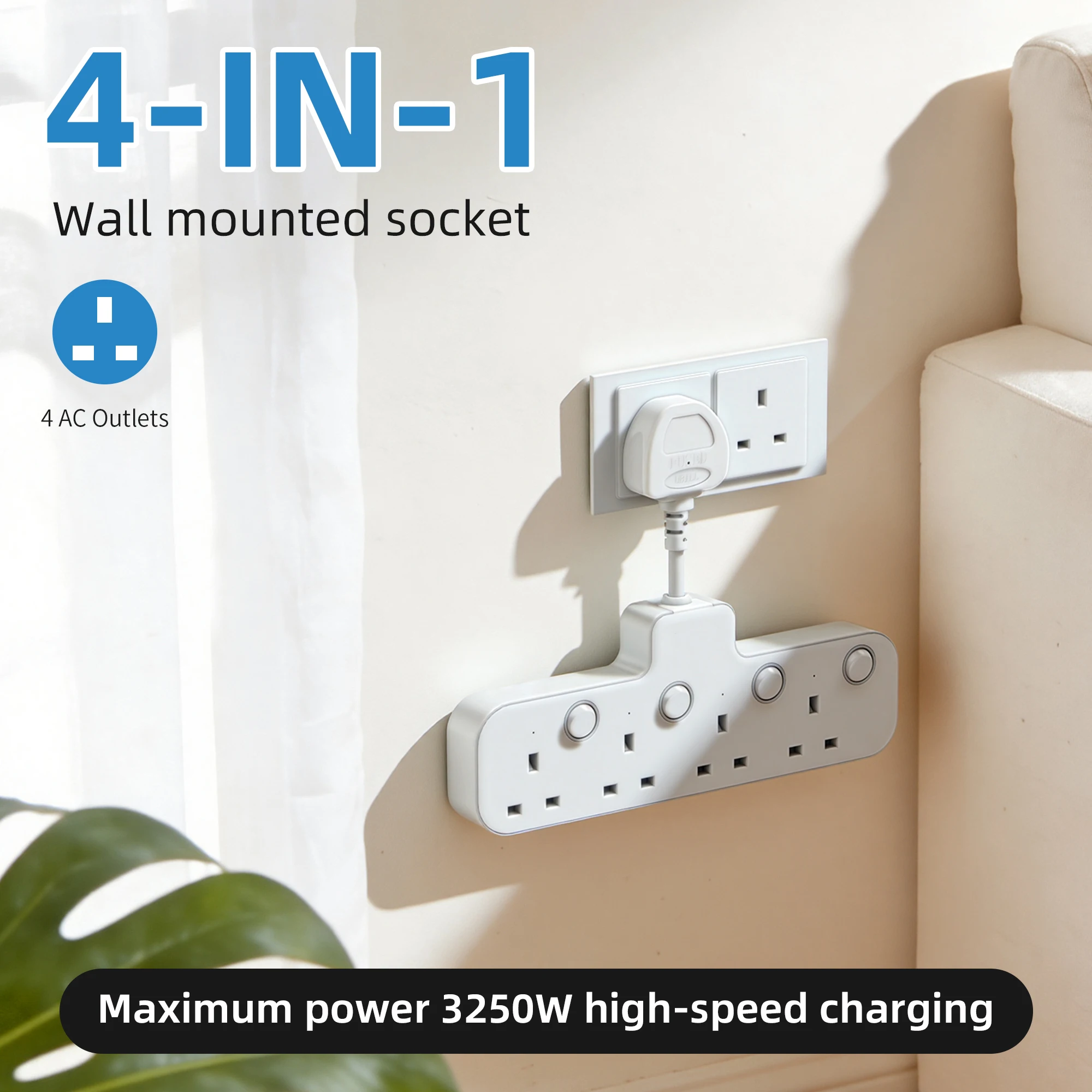 4-in-1 Uk Plug Adapter, Wall-Mounted Socket Extender, Suitable for Home and Office Environments; Features Overcurrent Protection, Independent Switch Design Power Strip; 4-Way Ac Socket, 2cm Extension Cord Power Outlets, Suitable for the Uk Region