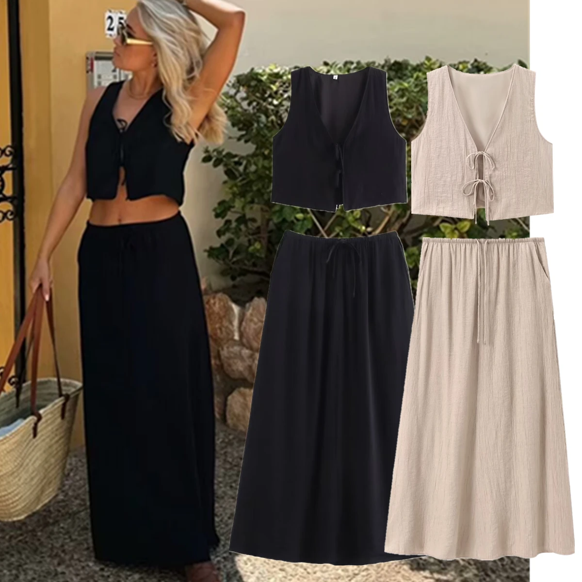 Dave&Di French Lazy Cotton Linen Texture Sleeveless Shirt Tank Top High Waist Loose A-line Midi Skirt Women Two Pieces Sets