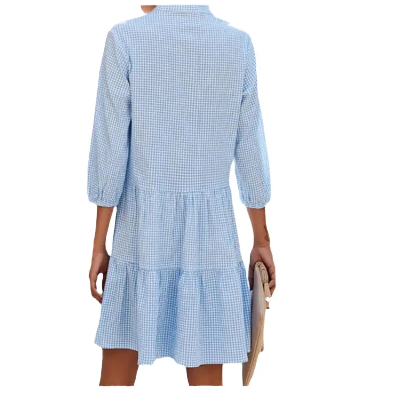 New Four Seasons Five-Quarter Sleeve Plaid Stand Collar Dress T-Shirt For Women