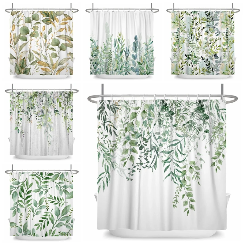 Watercolor Green Leaf Shower Curtain for Bathroom Vines Plant Nordic Minimalist Polyester Botanic Curtain for Home Hotel 180x240