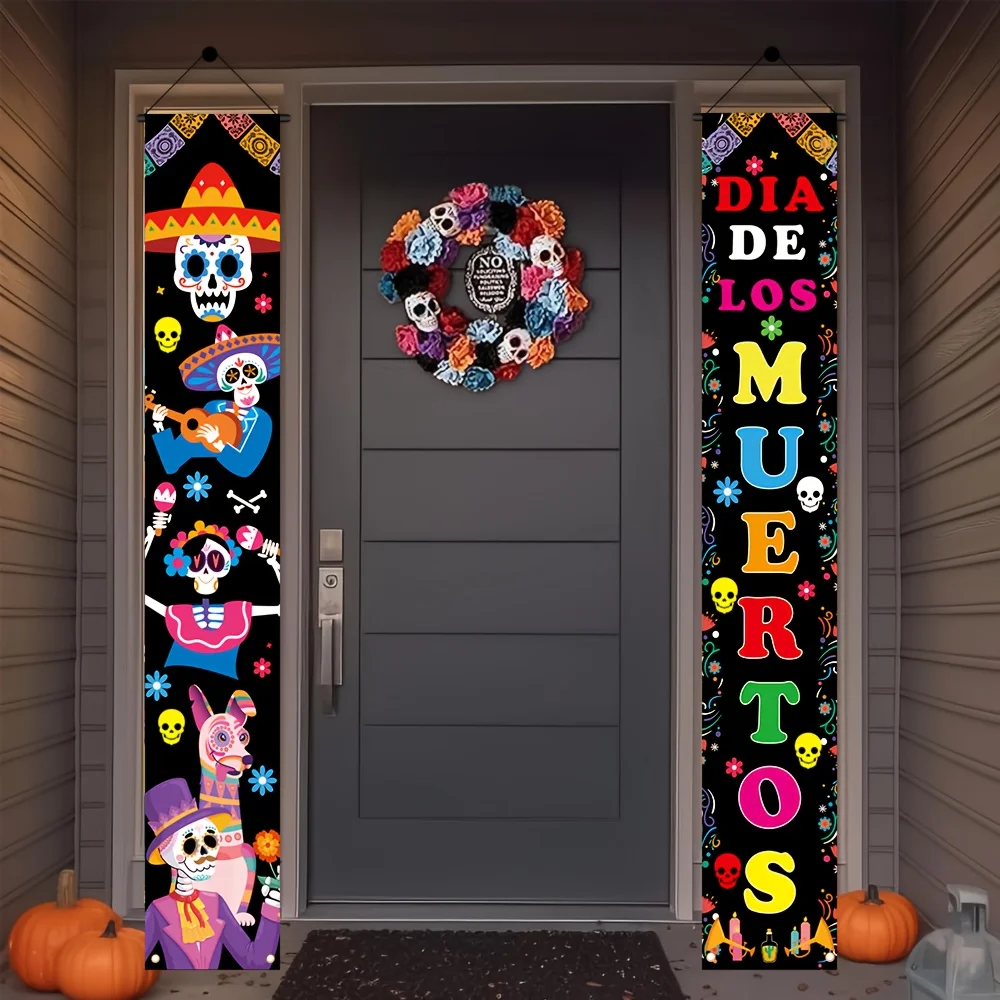 2PCS Mexican Day of The Dead Porch Sign Door And Wall Decoration Couplets Banner for Dia De Los Muertos Celebration Party Supply