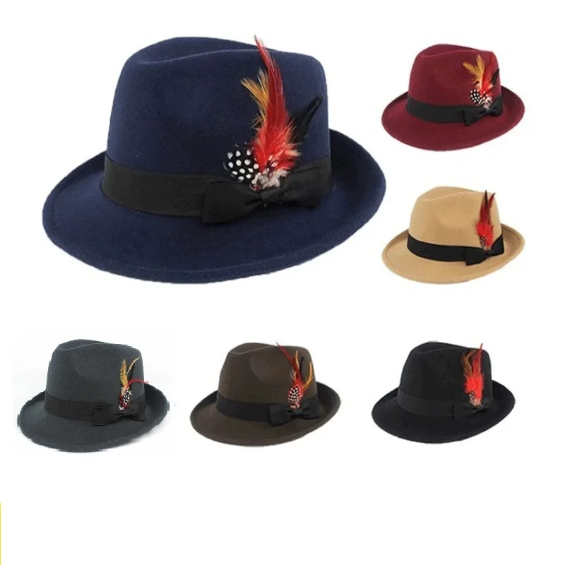

Популярный цилиндр с перьями в британском стиле, фетровая шляпа, модная и универсальная шерстяная джазовая шляпа в стиле ретро для мужчин и женщин