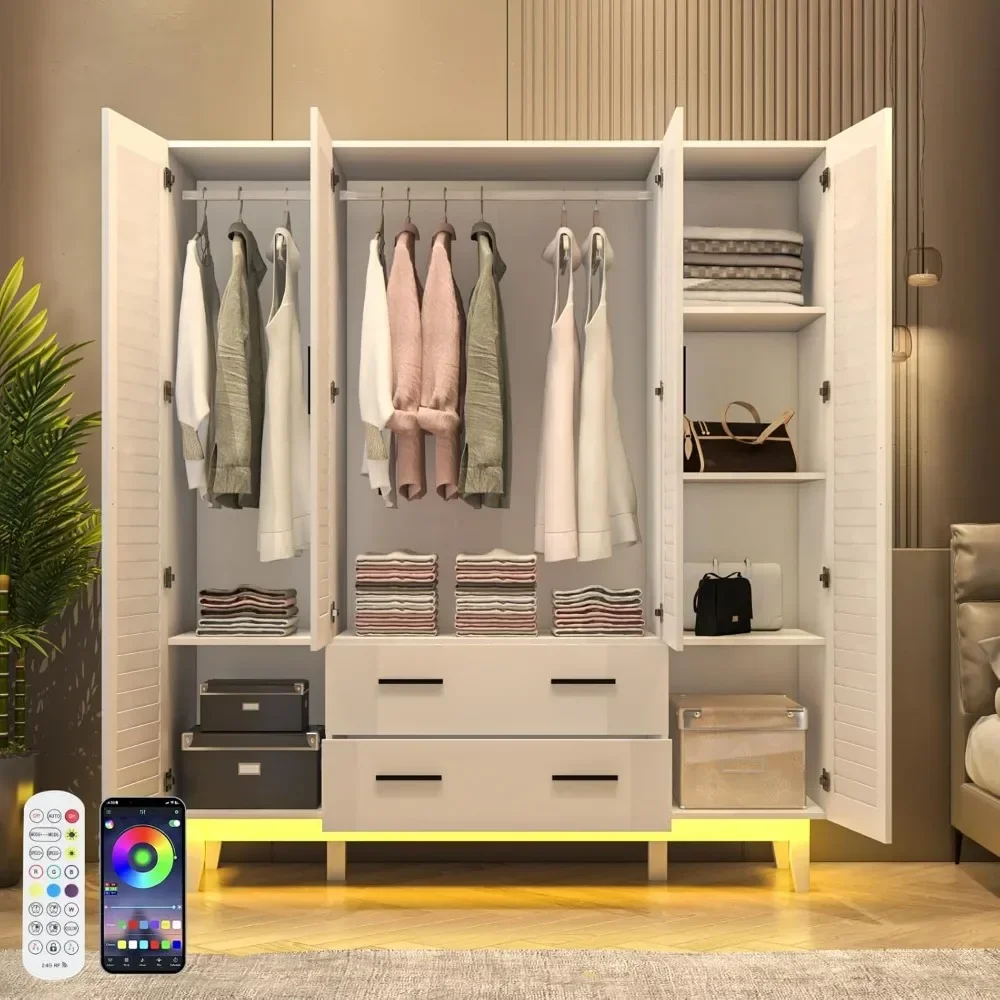 4 Door Armoire Wardrobe Closet Cabinet with Drawers and LED Lights, Hanging Rod, Large Capacity Storage Wardrobe Armoire