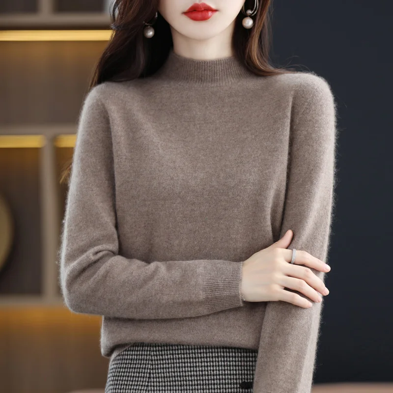 Line Merino Wool Women\'s Cashmere Knitted Sweater Half High Collar Long Sleeve Pullover High Quality Elegant Warm And Unique Top