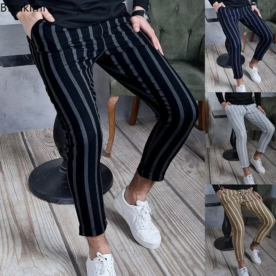 

2025 British Style Men's Striped Casual Pants Spring New Business Elastic Slim Pencil Pants Fashion All-match Trousers for Male