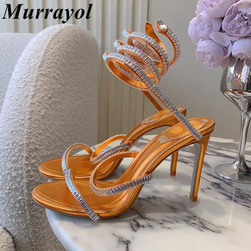 Bling Rhinestone Sandalias Mujer Thin High Heels Women Snake Shaped Elastic Strap Sandals Summer Party Fairy Shoes Stiletto